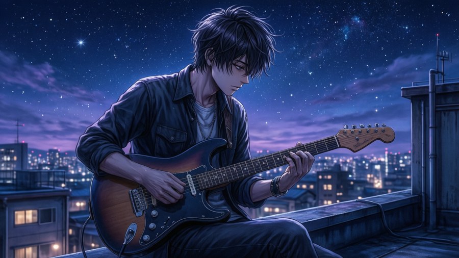 Kazehaya suona la chitarra su un tetto sotto un cielo notturno stellato.