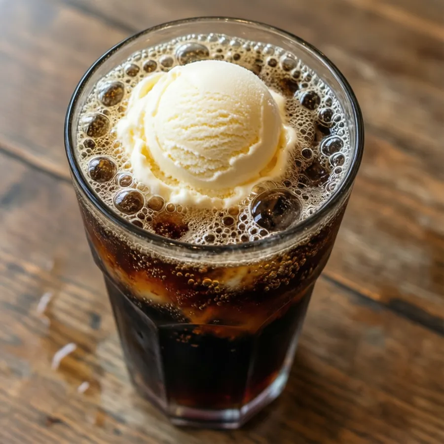 Classic root beer float with vanilla ice cream and fizz