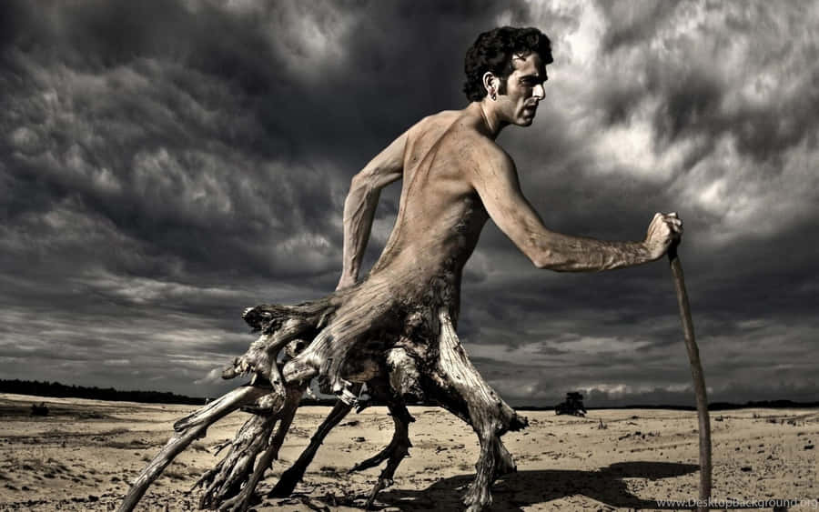 Umhomem está em pé no deserto com um bastão.