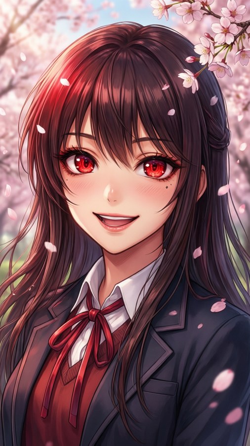 Ruby Hoshino in school uniform with cherry blossoms, bright and cheerful iPhone wallpaper.