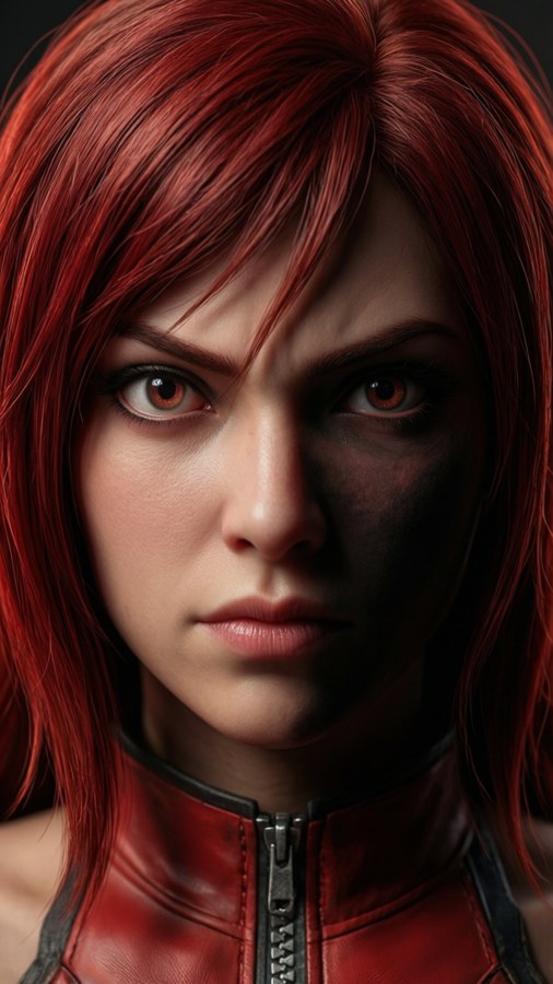 Intense close-up portrait of Ruby from Fortnite.