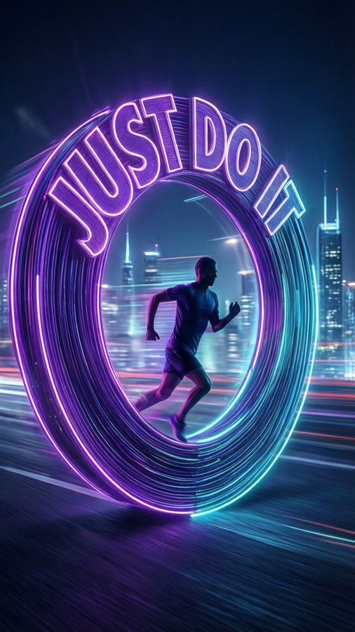 Silhouette runner jumping through a neon 'Just Do It' ring.