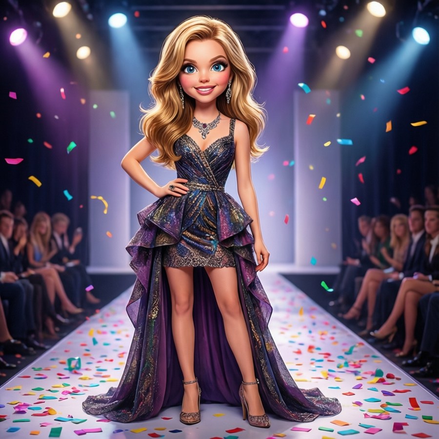 Lizzie McGuire cartoon character on a runway in a glamorous dress.
