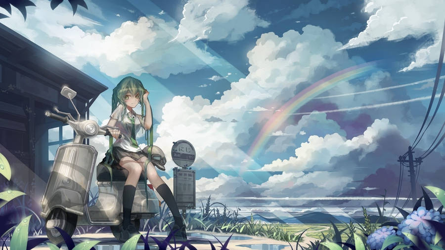 Rural girl with a rainbow in the back anime art wallpaper