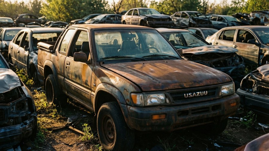 Isuzu Amigo stands proud in a junkyard bathed in golden hour — grit meets glory.