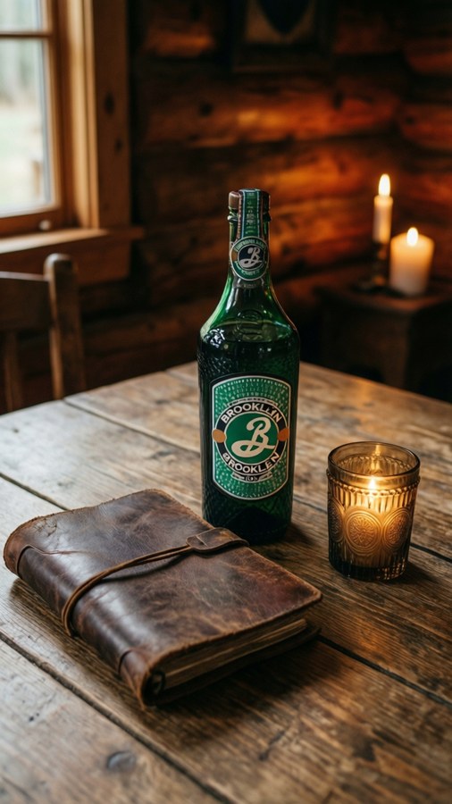 Cozy rustic scene with Brooklyn Gin bottle and vintage items.