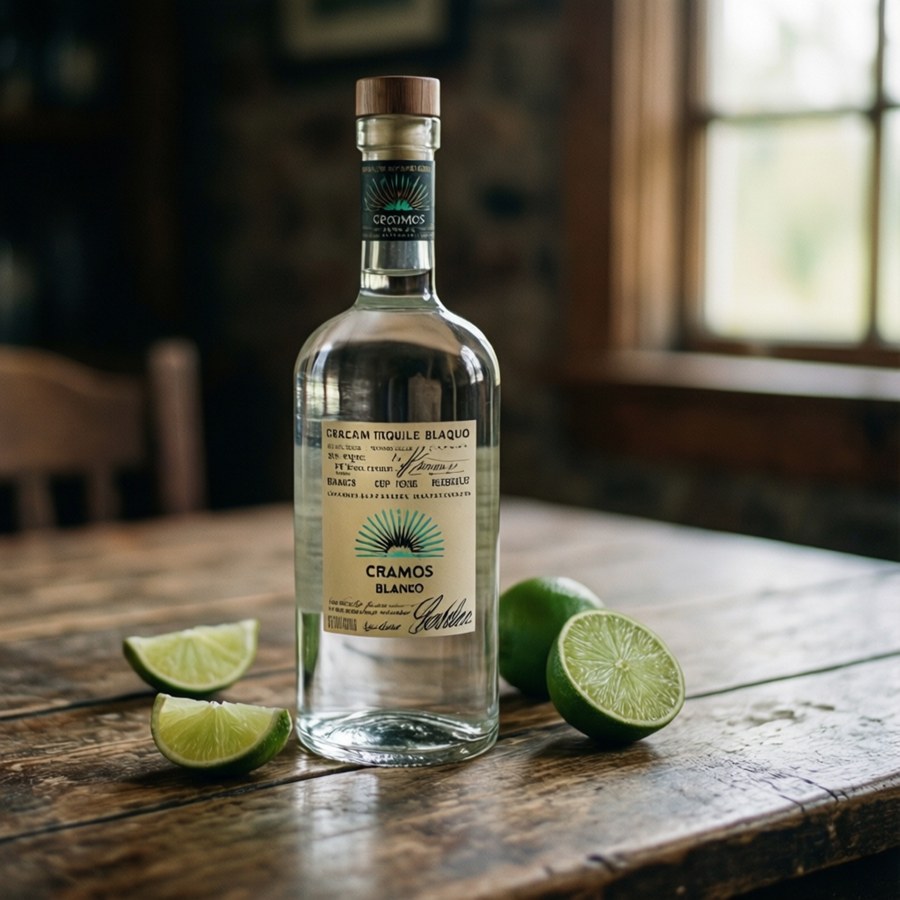 Casamigos Blanco bottle on a wooden table with lime slices