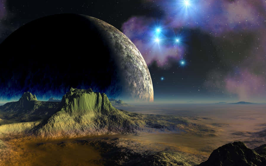 Paisagem Extraterrestre com Lua e Estrelas