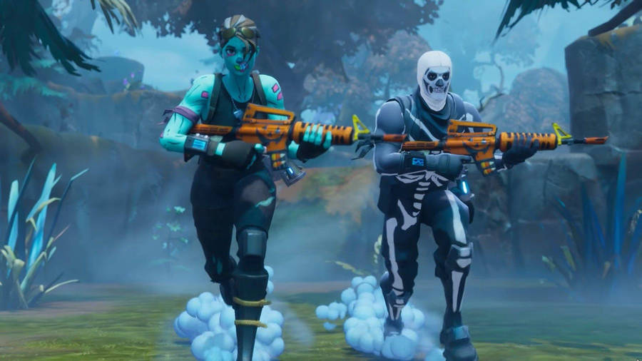 CooleFortnite-Skin, der mit orangefarbenen ästhetischen Waffen rennt.