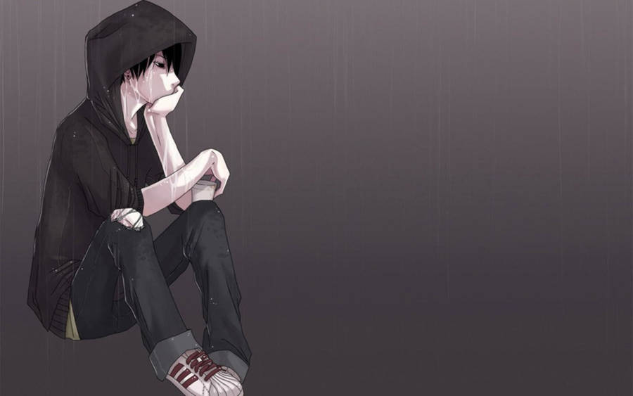 Download Sad Anime Boy In Black Hoodie Wallpaper Wallpapers Com