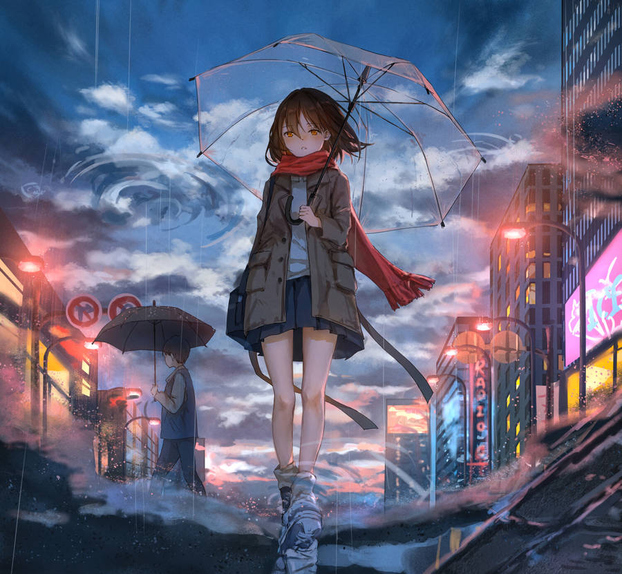 Realistic sad anime fan art of a girl with an umbrella walking HD wallpaper.