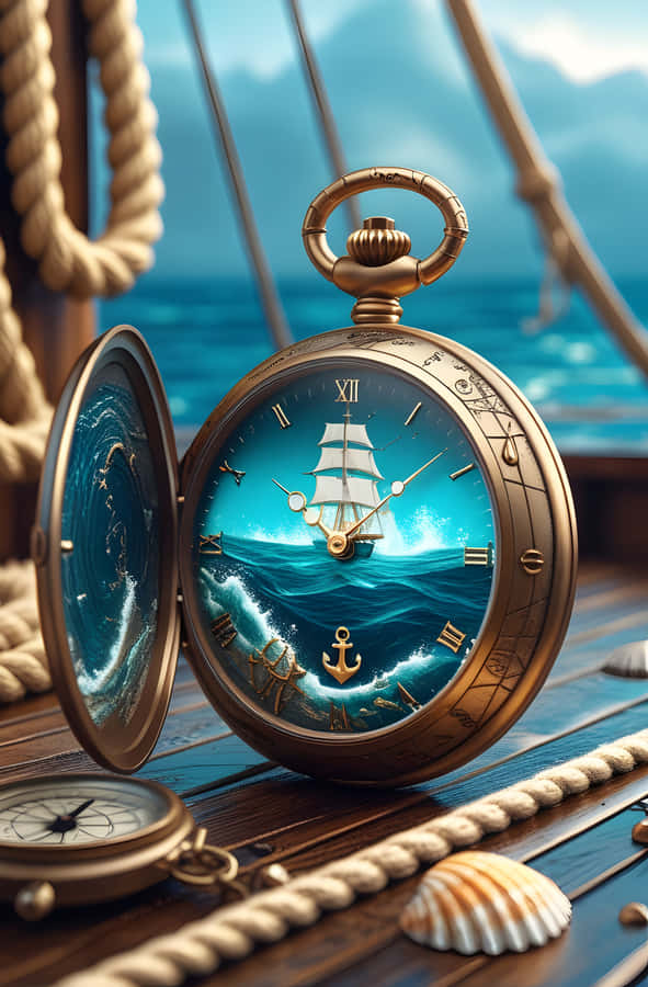 pocket watch,ship,waves,ocean,sailing,nautical,maritime,brass,clock,time,compass,seashells,rope,vintage,antique,exploration,adventure,marine,water,luxury