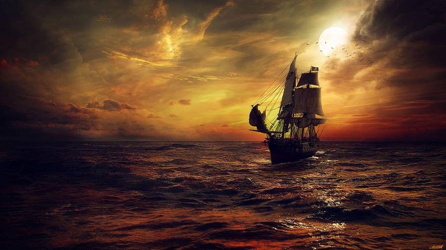 Download Sailing Ship In Sunset Wallpaper | Wallpapers.com