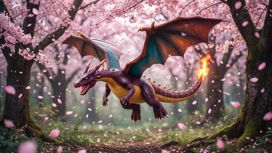 Dragonite gliding through cherry blossoms in a magical forest.