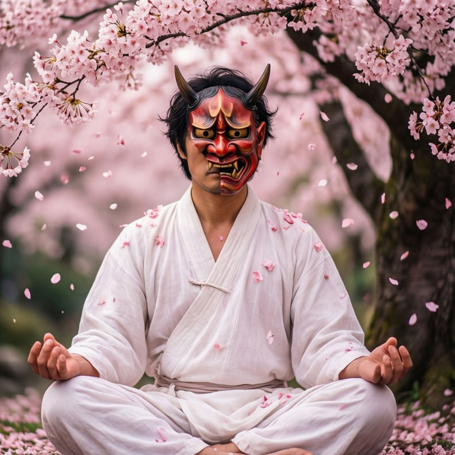 Yone meditating under cherry blossoms with mask off