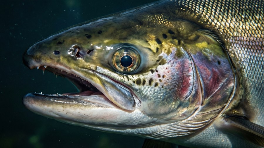 Close-up of sockeye salmon head with intense gaze.