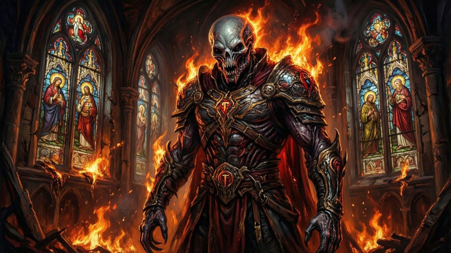 SCP Overlord em meio a chamas em uma igreja em chamas com vitrais