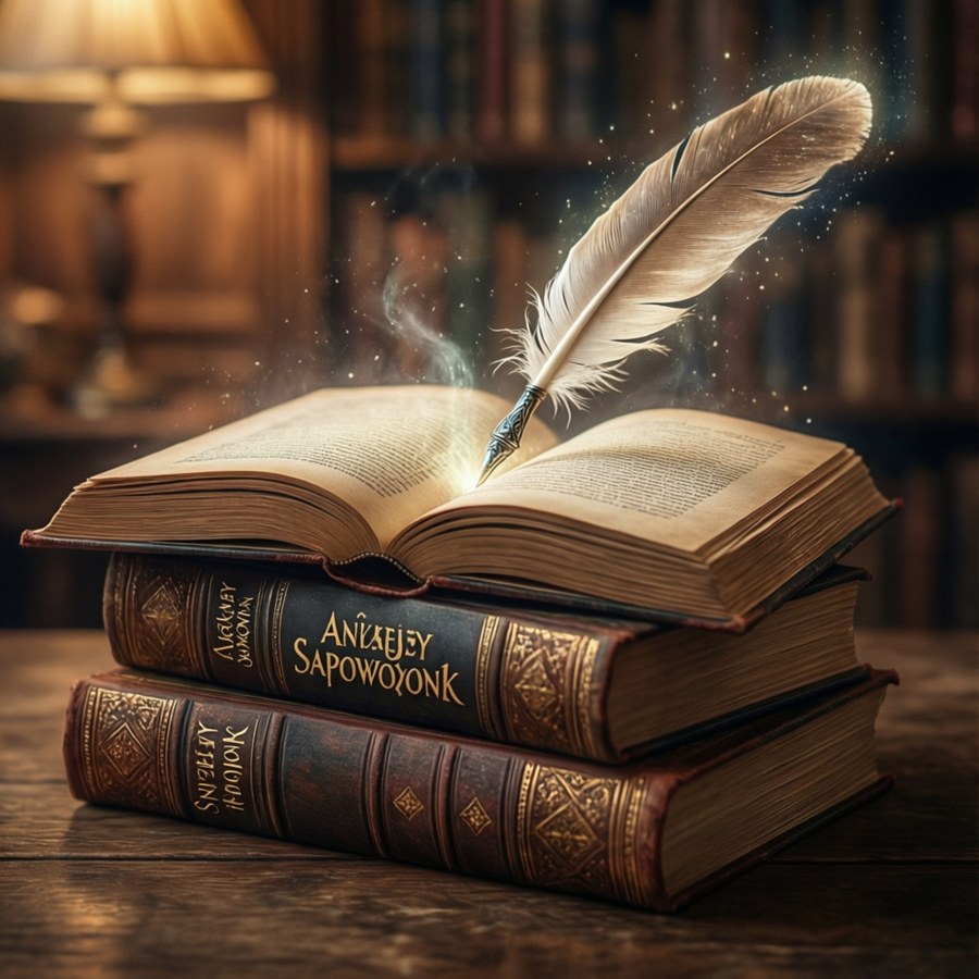 Stack of Sapkowski's books with a glowing quill, warm library lighting, cozy and magical.
