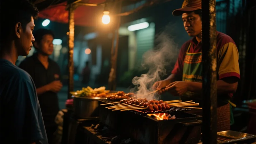 A close-up of a Jakarta street food vendor grilling sate at night.