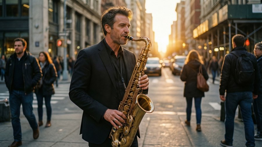 A street musician playing saxophone at golden hour