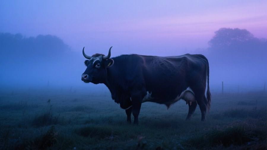 Een os in een mistig veld in de schemering.