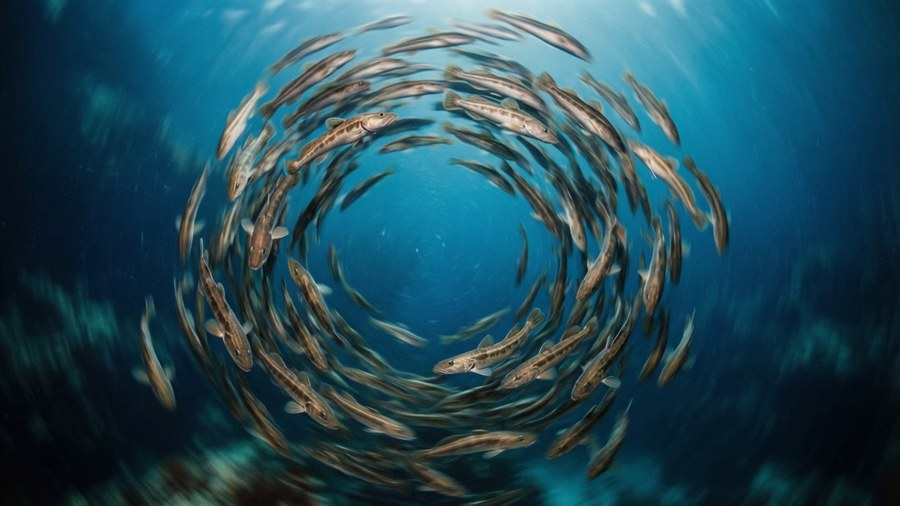 Lingcod schooling in a mesmerizing spiral in deep blue.