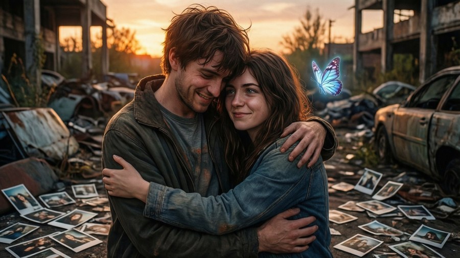 Max en Chloe knuffelen op de schroothoop met een vlinder, emotionele scène