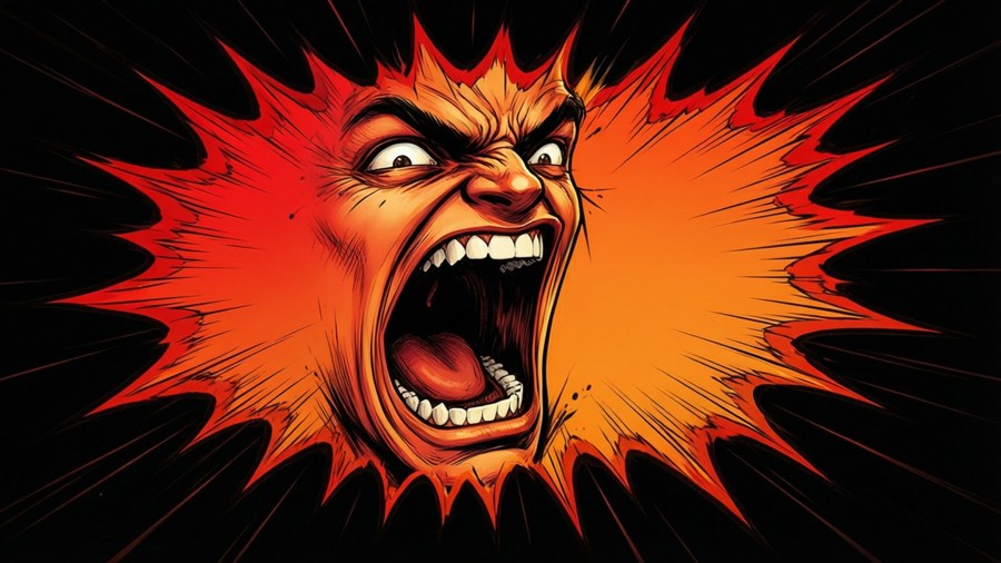 Intense red and orange jagged speech bubble with action lines on black.