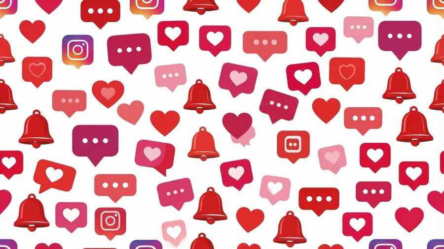 A seamless pattern of Instagram notification icons in red and pink on white.