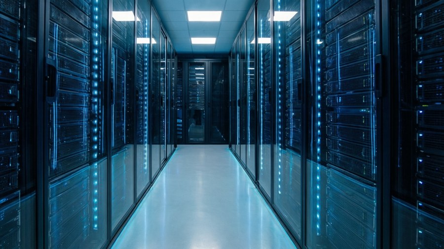 A long hallway lined with server racks glowing with blue lights in a data center.