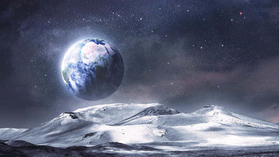 Paisagem Lunar Estrelada Iluminada pela Lua com Vista da Terra