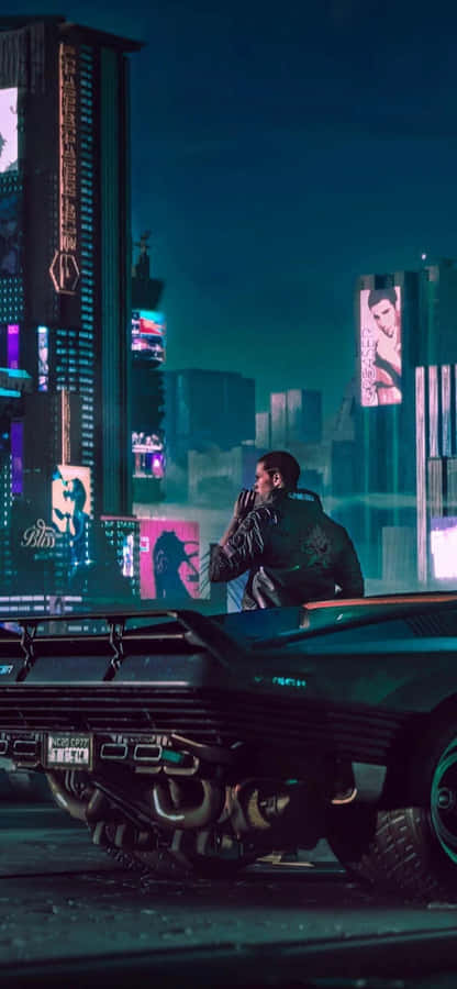Vita notturna cyberpunk con auto futuristica