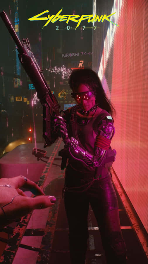 Papelde parede do Cyberpunk 2077 para Android com visão em primeira pessoa de uma mulher atiradora.