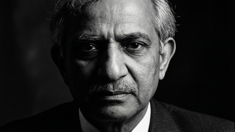 Un portrait en noir et blanc à fort contraste du Dr. Kalam, à moitié dans l'ombre, avec une expression sérieuse.