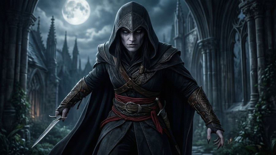 Um assassino encapuzado segurando uma adaga em uma ruína gótica iluminada pela lua.