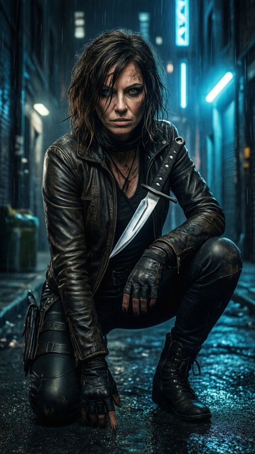 Keira Metz as a stealthy assassin in a dark alley.