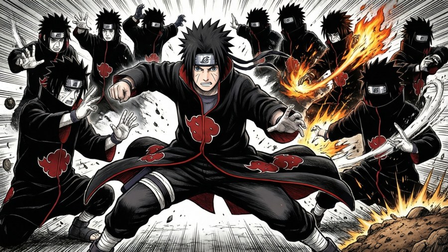 Hiruzen unleashes shadow clones in battle, manga style with red accents.