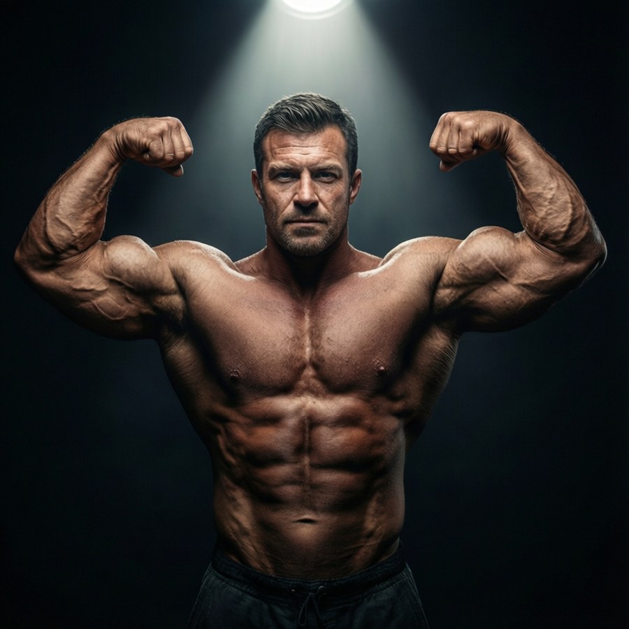 200 Pump character flexing in dramatic studio lighting.