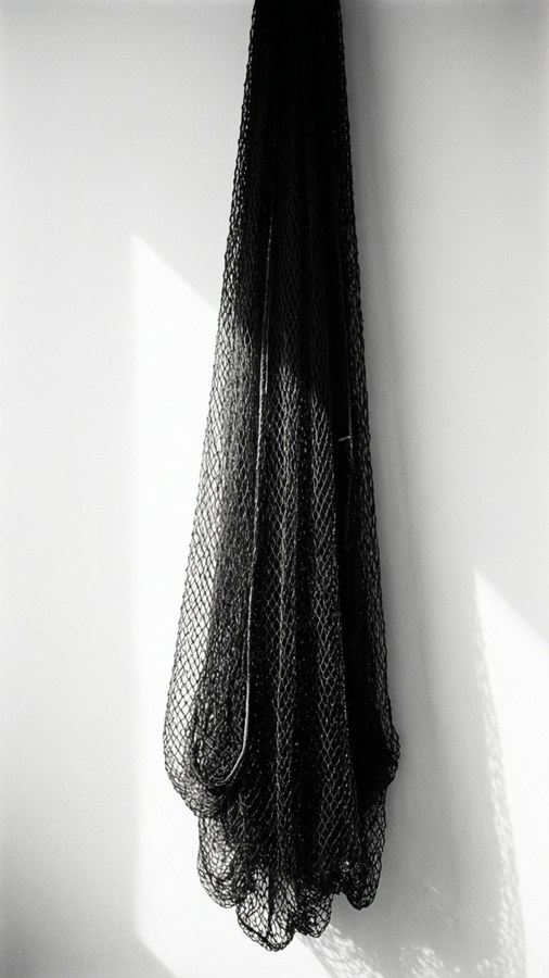 A dramatic black and white portrait of a hanging net