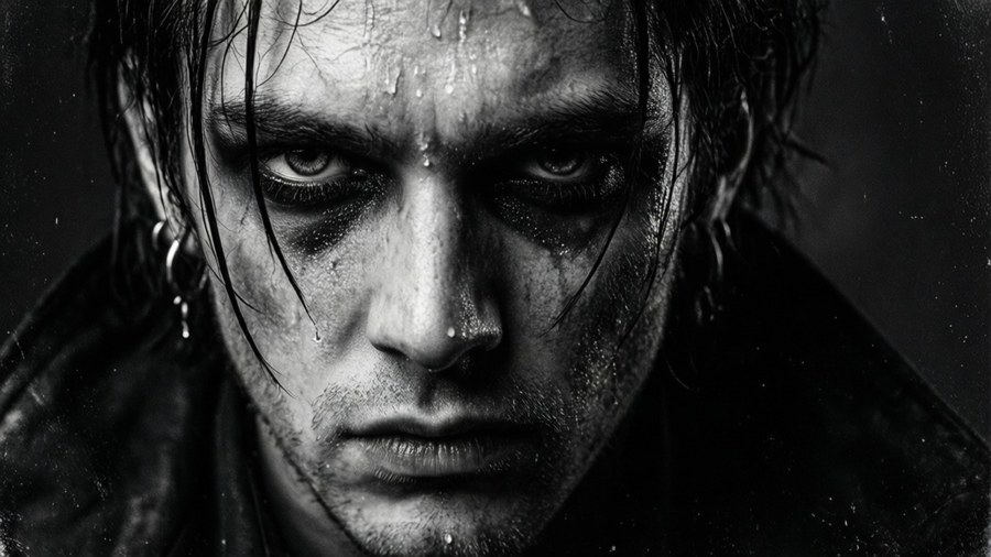 Scarlxrd profile, black and white, high contrast, gritty.