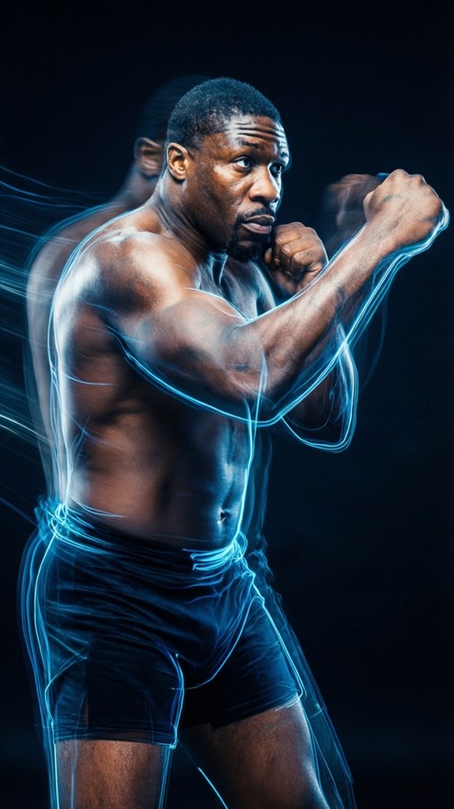 Abstract multiple exposure of Deontay Wilder shadowboxing in neon