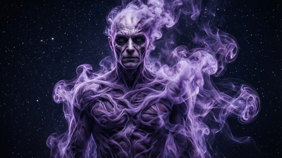 An impostor transforms with purple smoke in space.