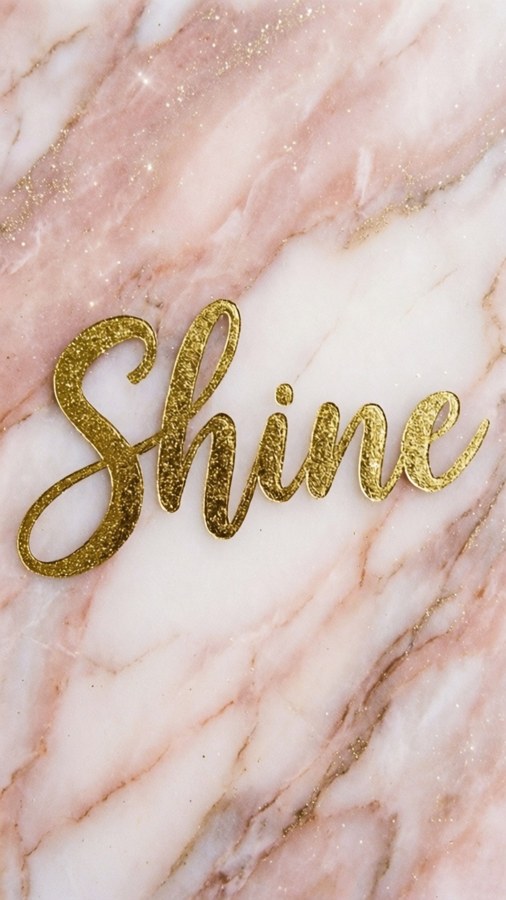 Glittery gold foil 'Shine' on pink and white marble background with sparkles.