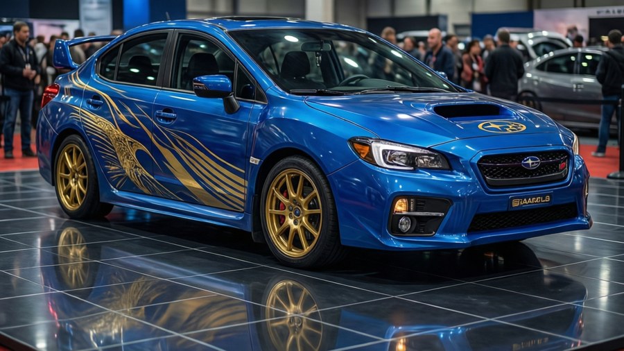 A blue Subaru Impreza WRX with gold decals gleams at a car exhibition.