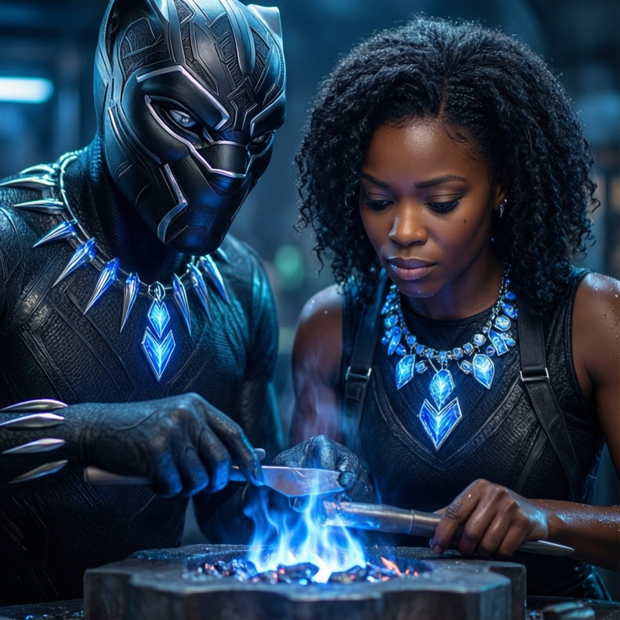 Black Panther och Shuri delar en stund i en högteknologisk smedja, båda bär halsband.