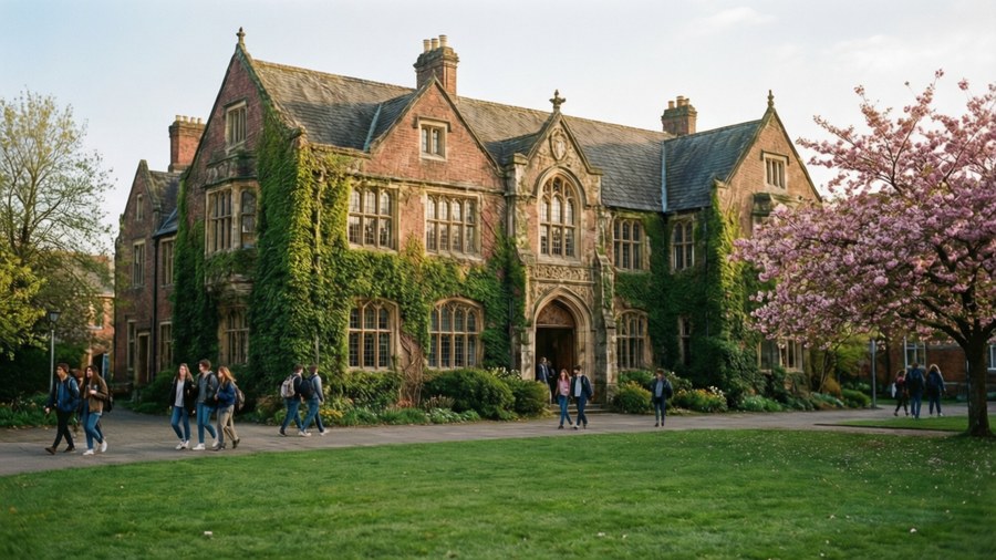 Swansea University campus in spring with cherry blossoms and historic building.