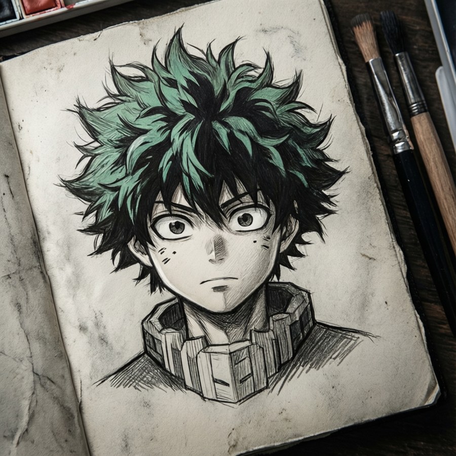 Pencil sketch of Deku's hair with art supplies