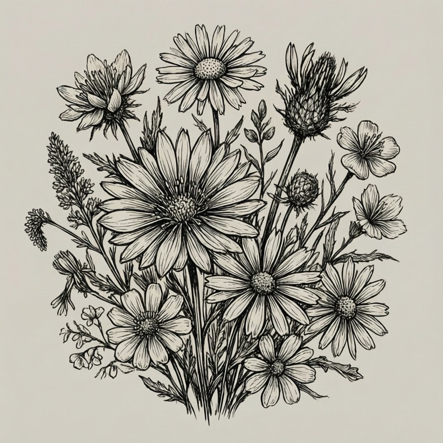 Un dibujo a tinta en blanco y negro de un ramo de flores silvestres con margaritas y cardos.