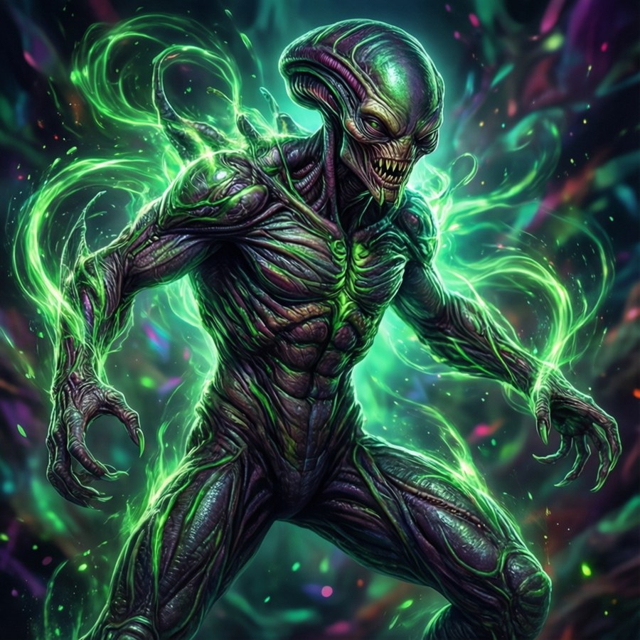 A Skrull in mid-transformation, shifting between human and alien appearance.