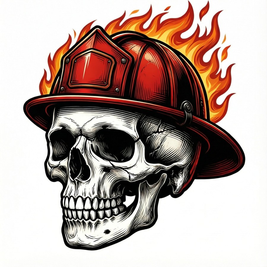 Skull with fire helmet and flames